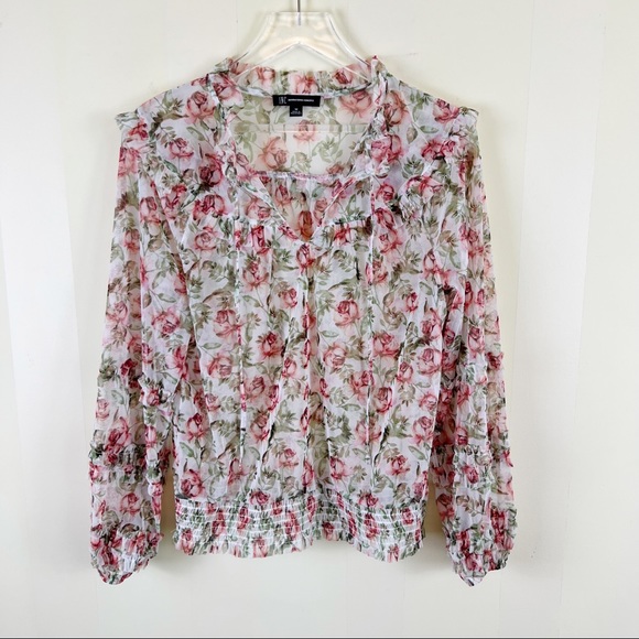 INC International Concepts Floral Smocked Hem Blouse in Margarate Flora Medium - Picture 4 of 8